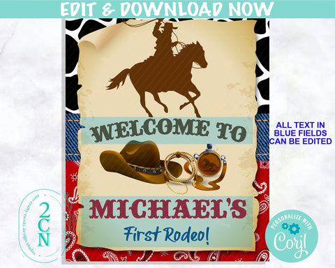 Cowboy Rodeo Birthday Welcome Sign, Rodeo Birthday Board, Welcome Sign | Editable Instant Download | Edit Online NOW Corjl | INSTANT ACCESS