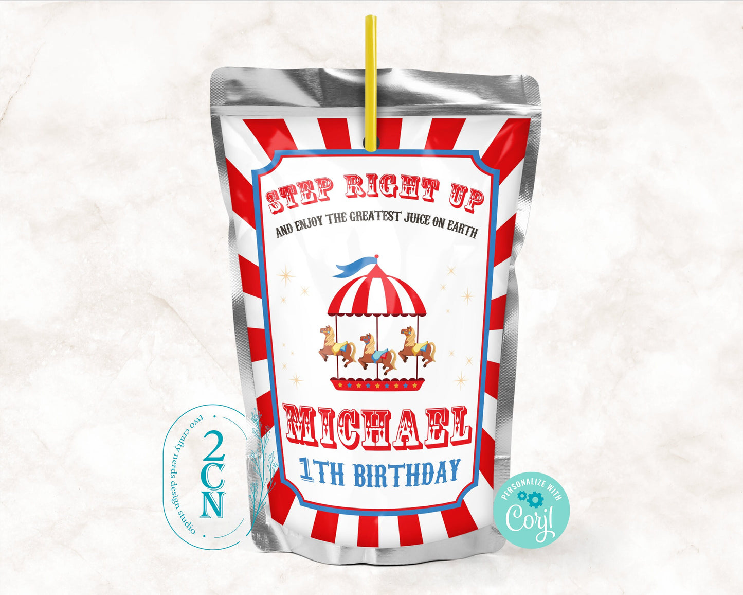 Circus Juice Pouch Label, Carnival Juice Label, Circus Birthday Decor | Editable Instant Download | Edit Online NOW Corjl | INSTANT ACCESS