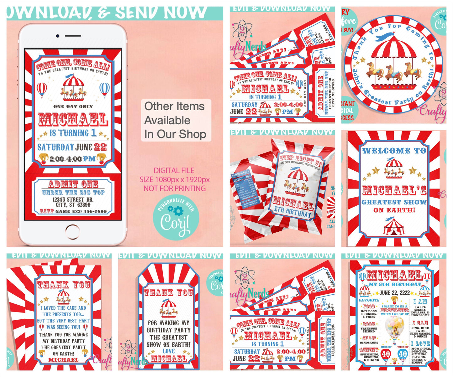 Circus Juice Pouch Label, Carnival Juice Label, Circus Birthday Decor | Editable Instant Download | Edit Online NOW Corjl | INSTANT ACCESS