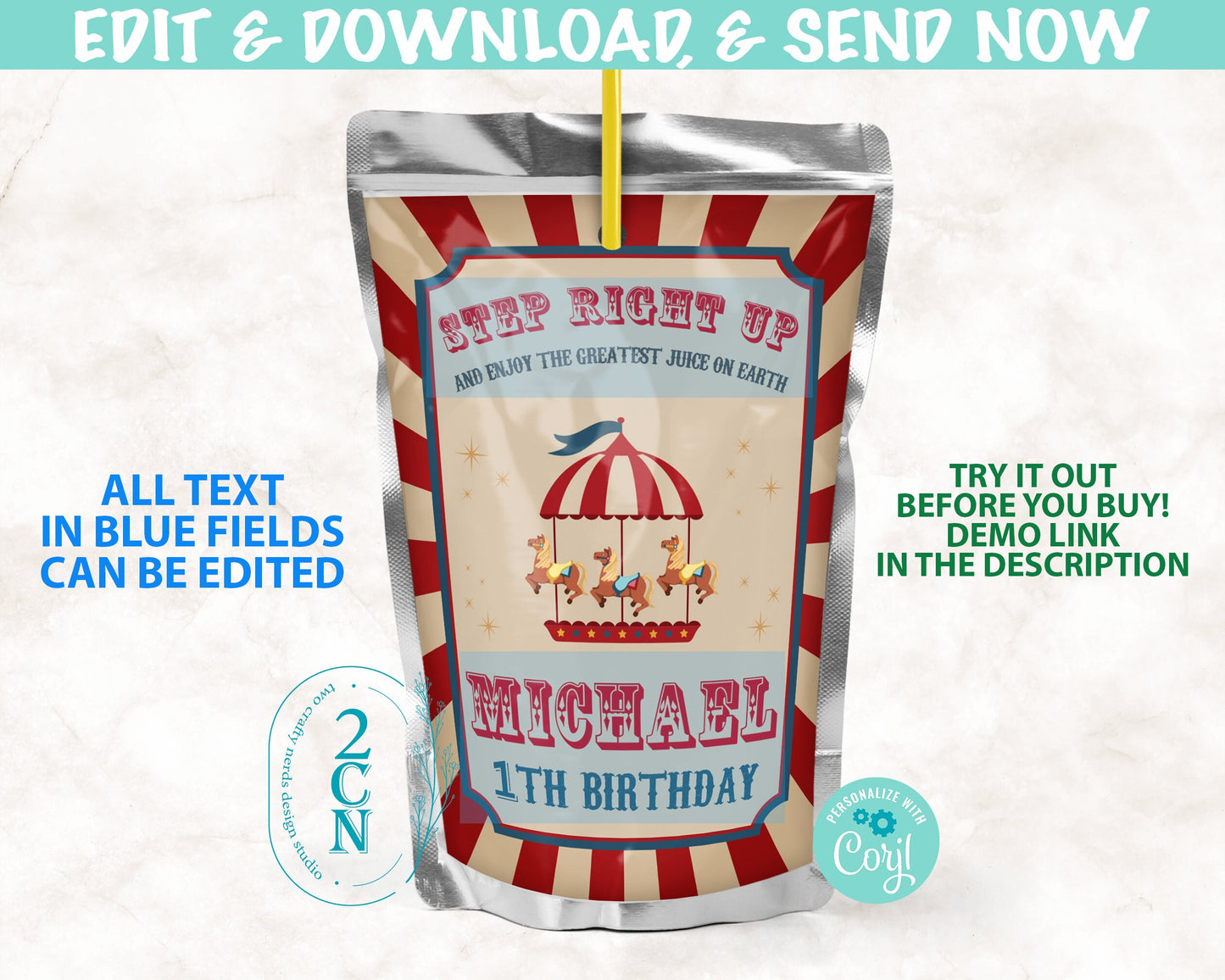 Circus Juice Pouch Label, Carnival Juice Label, Vintage, Birthday Decor | Editable Instant Download | Edit Online NOW Corjl | INSTANT ACCESS