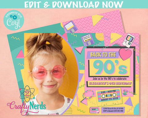 90's theme Birthday Invitation With Photo, Retro 90s, Nineties Party | Editable Instant Download | Edit Online NOW Corjl | INSTANT ACCESS