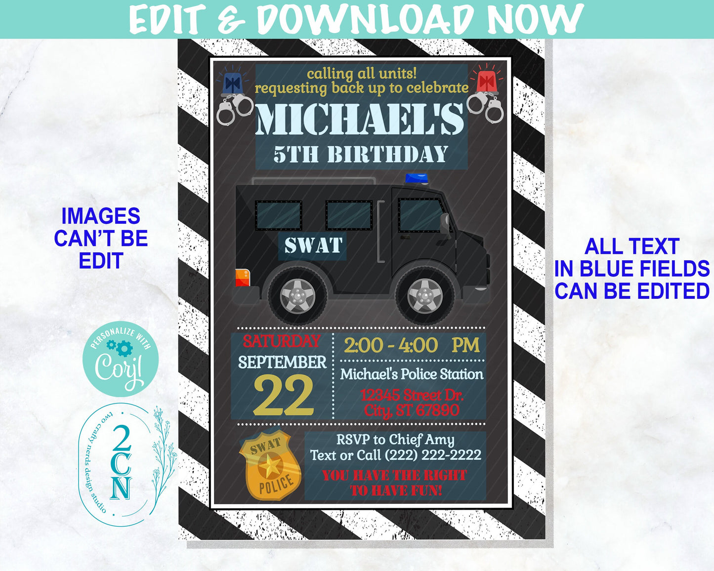 SWAT Police Birthday Invitation, Police Party, Cop Theme, Police Theme | Editable Instant Download | Edit Online now Corjl | INSTANT ACCESS