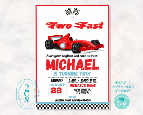 Two Fast Race Car Birthday Invitation, Racing Car Invite, Party, Modern | Editable Instant Download | Edit Online NOW Corjl | INSTANT ACCESS