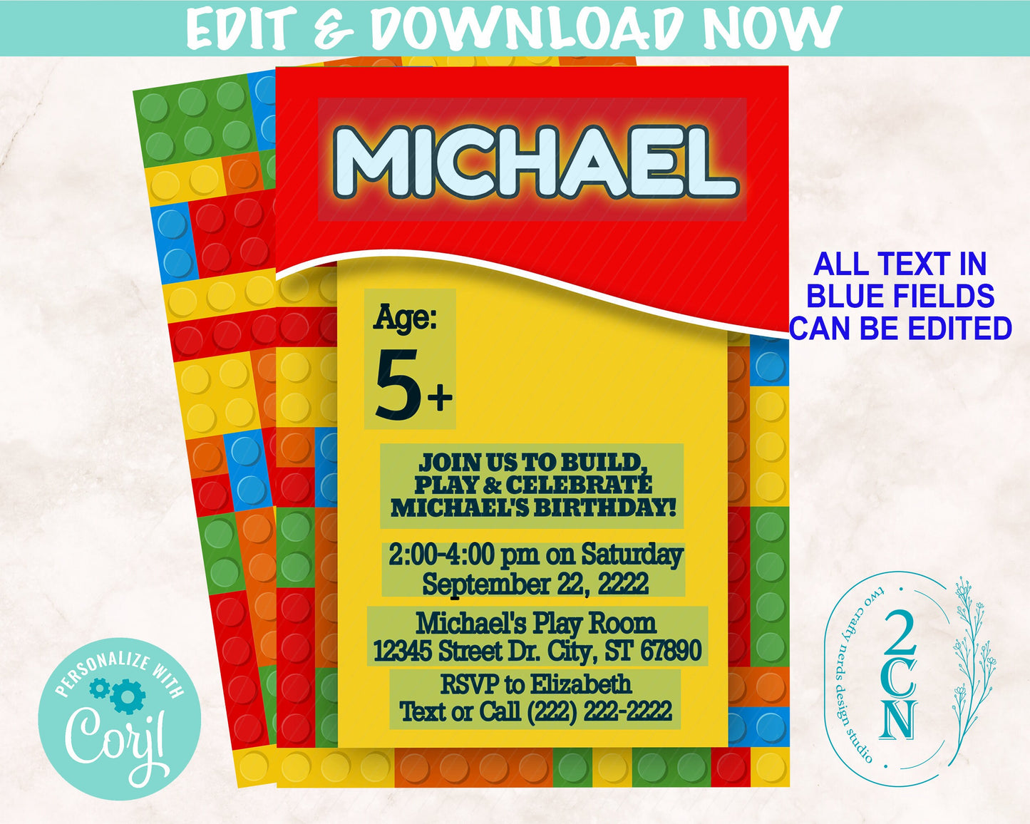 Colorful Building Blocks Birthday Invitation, Blocks Birthday Party | Editable Instant Download | Edit Online NOW Corjl | INSTANT ACCESS