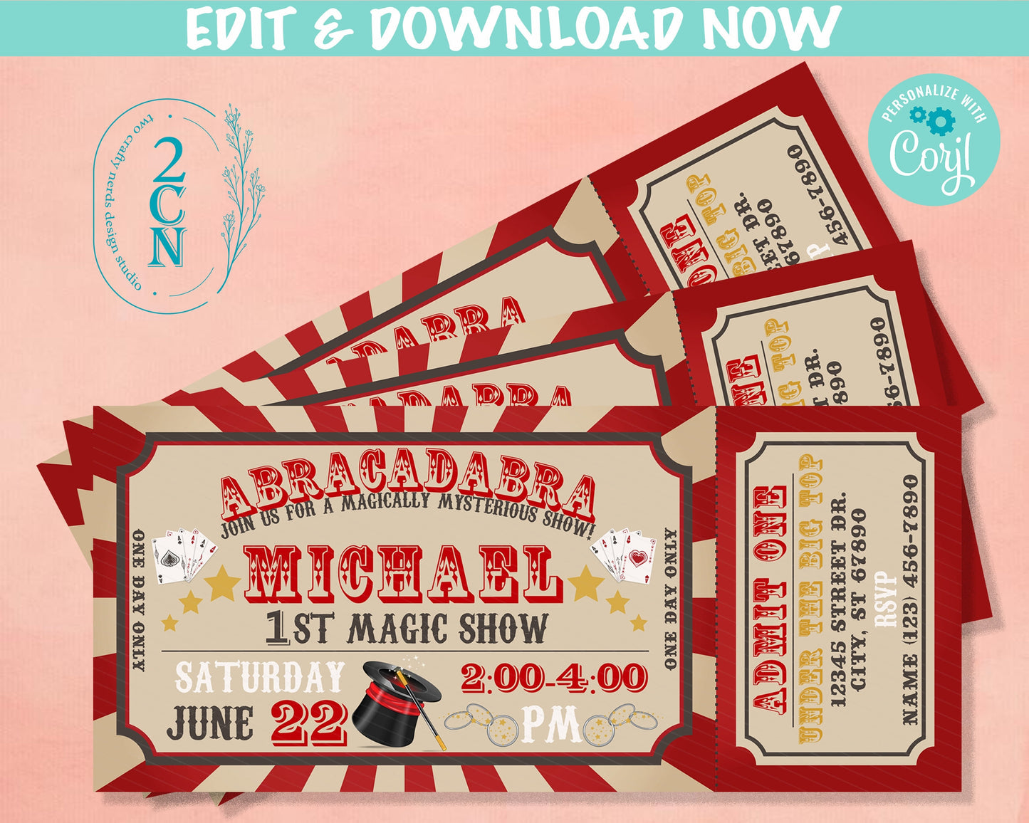 Magic Circus Carnival Ticket Birthday Party Pack, Birthday invitation | Editable Instant Download | Edit Online NOW Corjl | INSTANT ACCESS