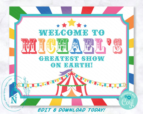 Carnival Circus Birthday Sign, Circus Birthday Welcome Sign Rainbow | Editable Instant Download | Edit Online NOW Corjl | INSTANT ACCESS