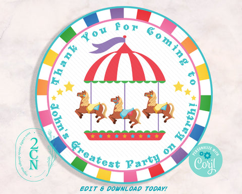 Circus Birthday Thank You Round Label, Carnival Rainbow, Circus Label | Editable Instant Download | Edit Online NOW Corjl | INSTANT ACCESS