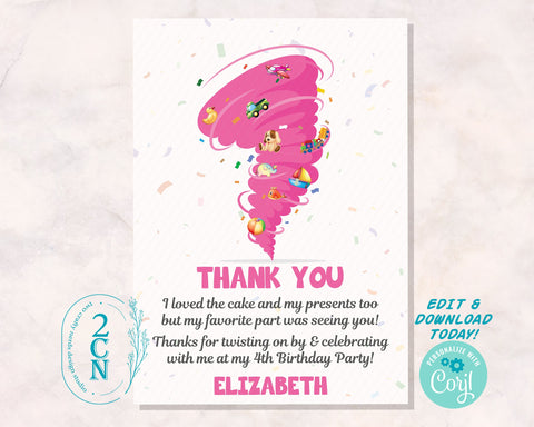 Tornado Birthday Thank You Card, Tornado Thank You | Editable Instant Download | Edit Online NOW Corjl | INSTANT ACCESS