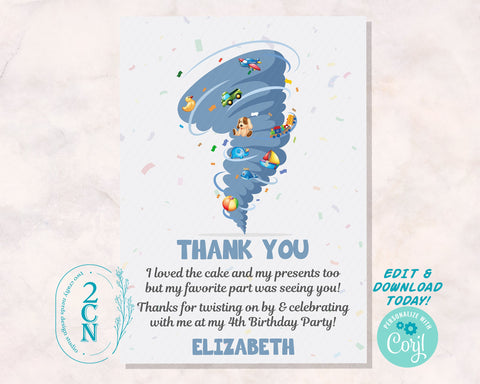 Tornado Birthday Thank You Card, Tornado Thank You | Editable Instant Download | Edit Online NOW Corjl | INSTANT ACCESS