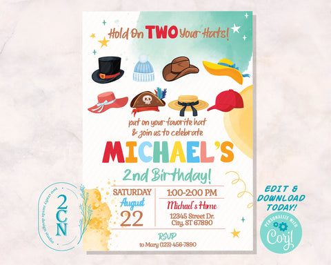 Hold On TWO Your Hats Birthday Invitation, Hat Party, Second Birthday | Editable Instant Download | Edit Online NOW Corjl | Instant access