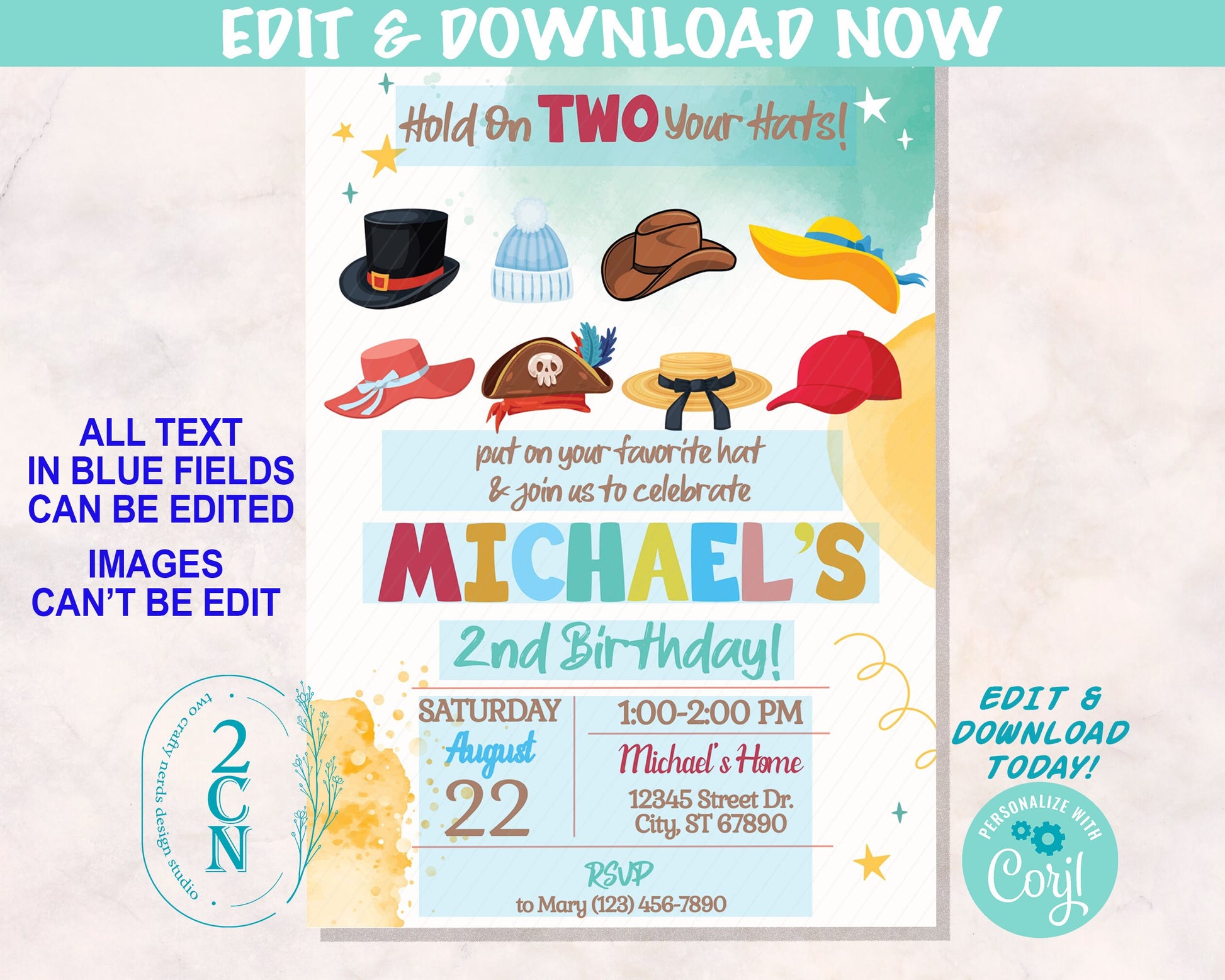 Hold On TWO Your Hats Birthday Invitation, Hat Party, Second Birthday | Editable Instant Download | Edit Online NOW Corjl | Instant access