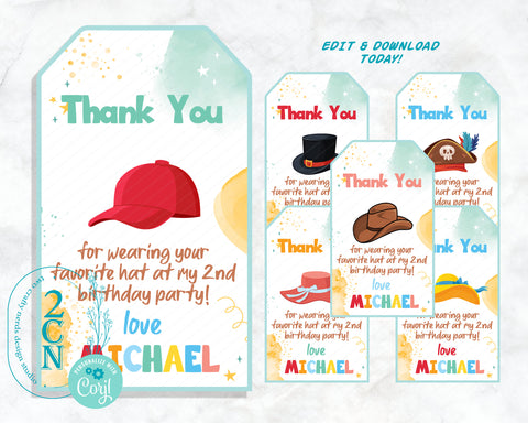 Hats Birthday Thank You Tag 6 Designs Hats Rainbow Tag Label | Editable Instant Download | Edit Online NOW Corjl | INSTANT ACCESS