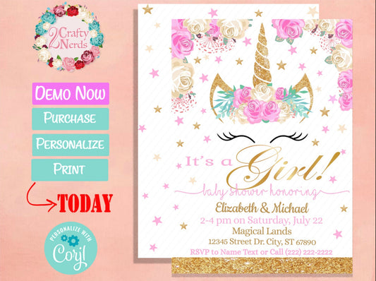 Unicorn Baby Shower Invitation Party Pastel Pink and White | Editable Instant Download | Edit Online NOW Corjl | INSTANT ACCESS