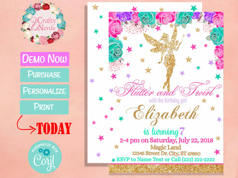 Fairy Birthday Invitation Party Hot Pink, Turquoise, Lavender Purple | Editable Instant Download | Edit Online NOW Corjl | INSTANT ACCESS