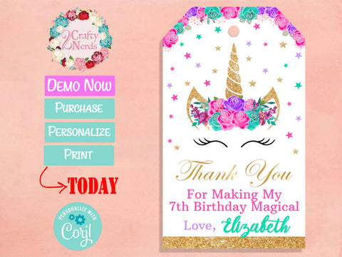 Unicorn Birthday Thank You Tag Hot Pink, Turquoise, Lavender Purple | Editable Instant Download | Edit Online NOW Corjl | INSTANT ACCESS T1