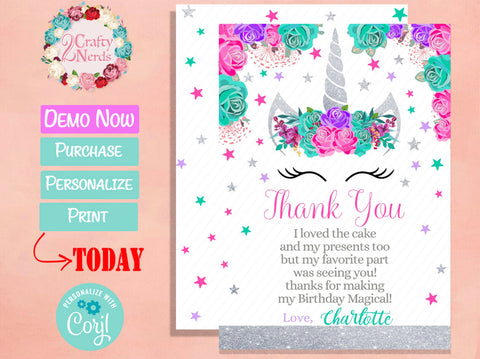 Unicorn Birthday Thank You Card Silver, Hot Pink, Turquoise, Purple | Editable Instant Download | Edit Online NOW Corjl | INSTANT ACCESS