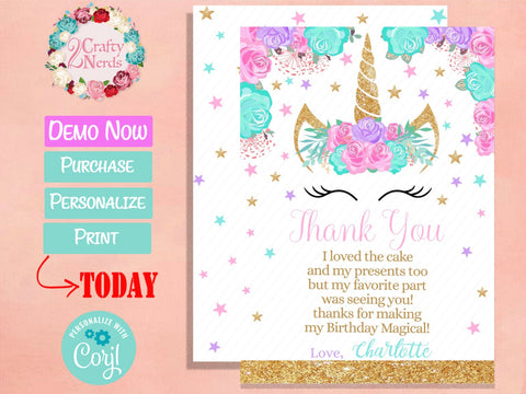 Unicorn Birthday Thank You Card Pastel Pink Turquoise Lavender Purple | Editable Instant Download | Edit Online NOW Corjl | INSTANT ACCESS