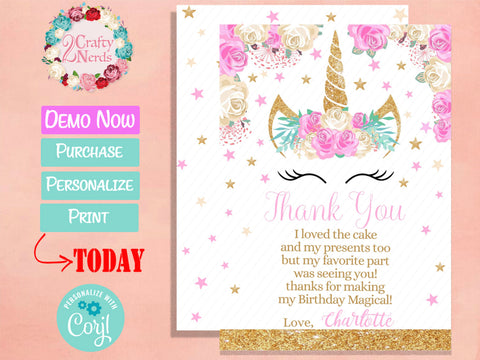 Unicorn Birthday Thank You Card Pastel Pink and White | Editable Instant Download | Edit Online NOW Corjl | INSTANT ACCESS