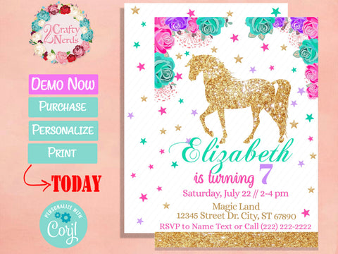 Horse Birthday Invitation Party Hot Pink, Turquoise, Lavender Purple | Editable Instant Download | Edit Online NOW Corjl | INSTANT ACCESS