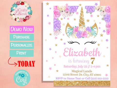 Unicorn Birthday Invitation Party Hot Pink White and Gold | Editable Instant Download | Edit Online NOW Corjl | INSTANT ACCESS