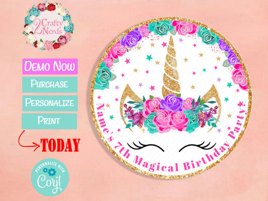 Unicorn Birthday Label Party Hot Pink, Turquoise, Lavender Purple | Editable Instant Download | Edit Online NOW Corjl | INSTANT ACCESS T1
