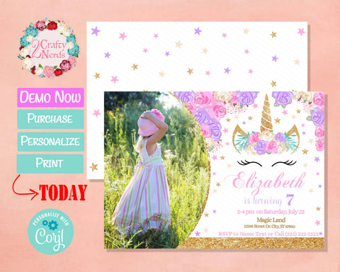 Unicorn Birthday Invitation With Photo Pastel Pink, Purple, Gold | Editable Instant Download | Edit Online NOW Corjl | INSTANT ACCESS