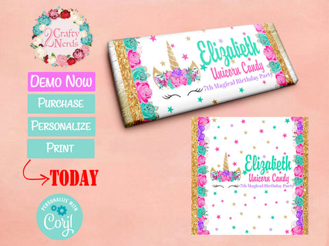 Unicorn Candy Chocolate Wrapper Hot Pink, Turquoise, Lavender Purple | Editable Instant Download | Edit Online NOW Corjl | INSTANT ACCESS T1
