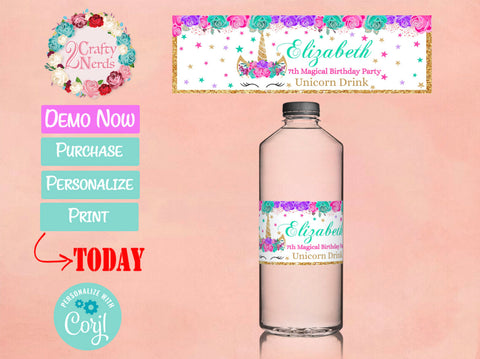 Unicorn Water Bottle Label Hot Pink, Turquoise, Lavender Purple | Editable Instant Download | Edit Online NOW Corjl | INSTANT ACCESS T1
