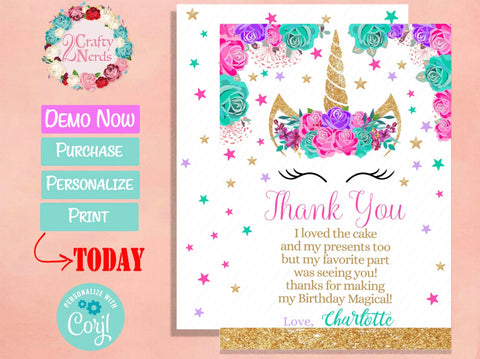 Unicorn Birthday Thank You Card Hot Pink, Turquoise Lavender Purple | Editable Instant Download | Edit Online NOW Corjl | INSTANT ACCESS T1