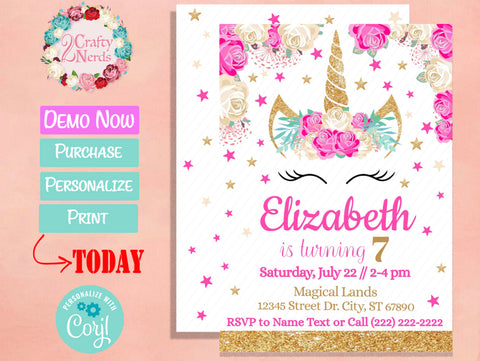 Unicorn Birthday Invitation Party Hot Pink White and Gold | Editable Instant Download | Edit Online NOW Corjl | INSTANT ACCESS