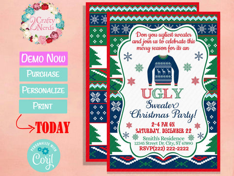 Ugly Christmas Sweater Party Invitation | Christmas Invitation | Editable Instant Download | Edit Online NOW Corjl | INSTANT ACCESS