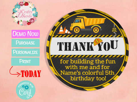 Construction Birthday Label, Construction Birthday, Construction Tag | Editable Instant Download | Edit Online NOW Corjl | INSTANT ACCESS