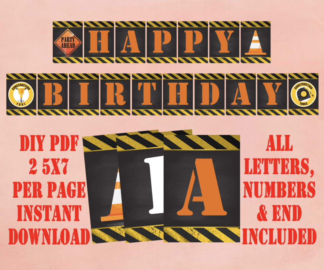 Construction Banner All Letters, Numbers, and Ends INSTANT DOWNLOAD Digital PDF