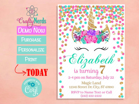 Unicorn Birthday Invitation Party Hot Pink, Turquoise, Purple | Editable Instant Download | Edit Online NOW Corjl | INSTANT ACCESS T1