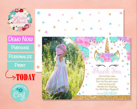Unicorn Birthday Thank You Card with Photo Pastel Pink Teal Lavender | Editable Instant Download | Edit Online NOW Corjl | INSTANT ACCESS