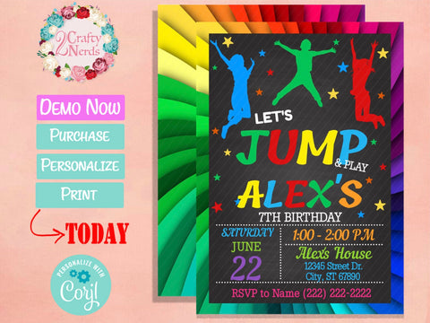 Jump Birthday Invitation, Bounce House Party, Jump Theme, Bounce Theme | Editable Instant Download | Edit Online NOW Corjl | INSTANT ACCESS