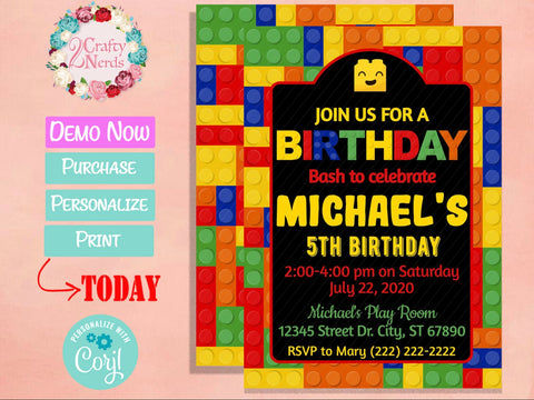 Colorful Building Blocks Birthday Invitation, Blocks Birthday Party | Editable Instant Download | Edit Online NOW Corjl | INSTANT ACCESS