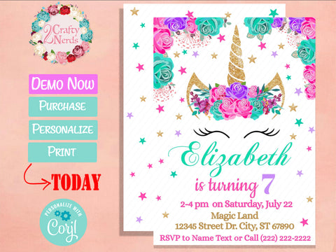 Unicorn Birthday Invitation Party Hot Pink, Turquoise, Purple | Editable Instant Download | Edit Online NOW Corjl | INSTANT ACCESS T1