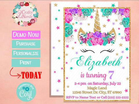 Unicorn Birthday Invitation Party Hot Pink, Turquoise, Purple | Editable Instant Download | Edit Online NOW Corjl | INSTANT ACCESS T1