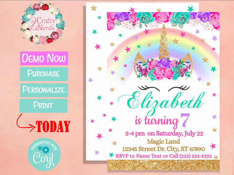 Unicorn Birthday Invitation Party Hot Pink, Turquoise, Purple | Editable Instant Download | Edit Online NOW Corjl | INSTANT ACCESS T1