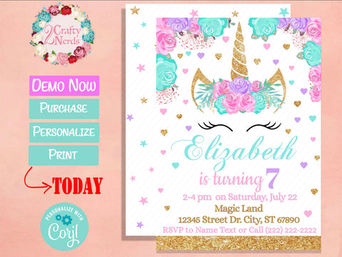 Unicorn Birthday Invitation Party Pastel Pink Turquoise Purple | Editable Instant Download | Edit Online NOW Corjl | INSTANT ACCESS