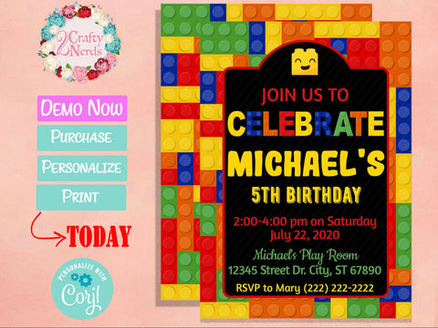 Colorful Building Blocks Birthday Invitation, Blocks Birthday Party | Editable Instant Download | Edit Online NOW Corjl | INSTANT ACCESS