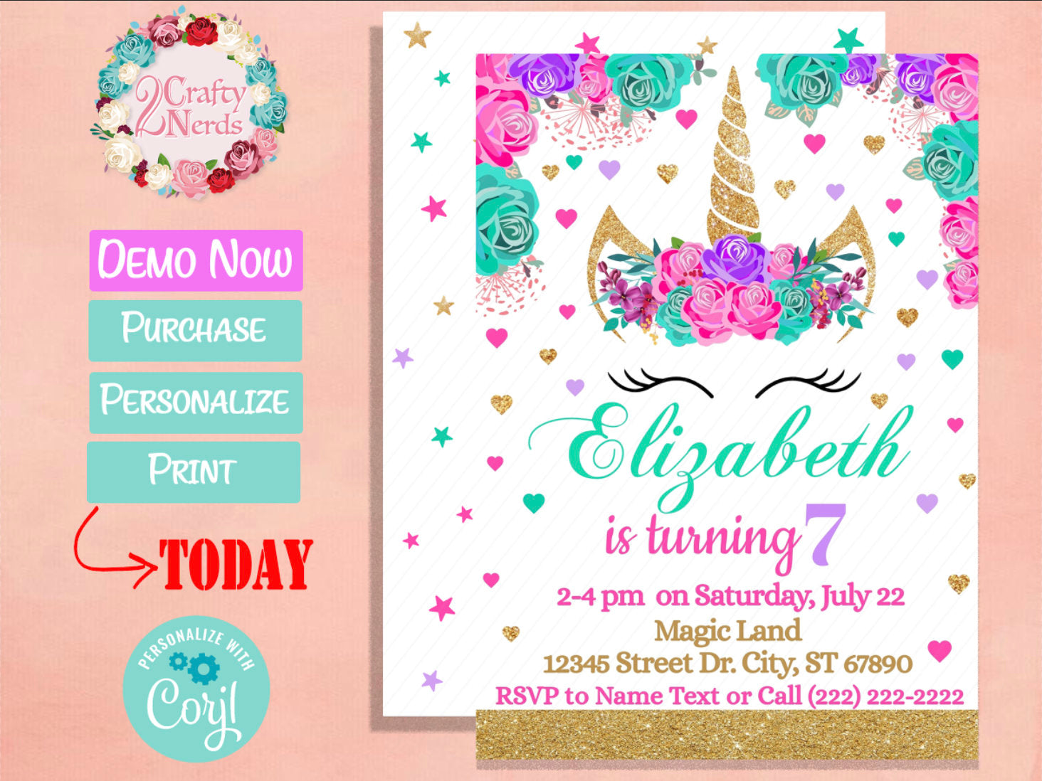 Unicorn Birthday Invitation Party Hot Pink, Turquoise, Purple | Editable Instant Download | Edit Online NOW Corjl | INSTANT ACCESS T1