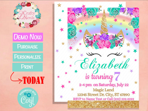 Unicorn Birthday Invitation Party Hot Pink, Turquoise, Purple | Editable Instant Download | Edit Online NOW Corjl | INSTANT ACCESS T1