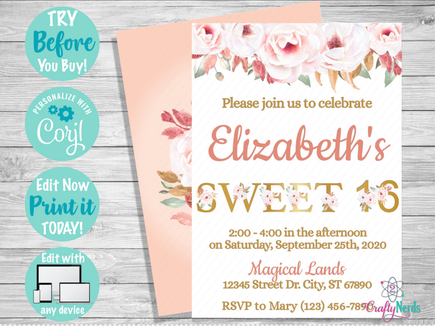 Floral Sweet 16 Birthday Invitation Party, Flowers Sweet 16 Birthday | Editable Instant Download | Edit Online NOW Corjl | INSTANT ACCESS T1