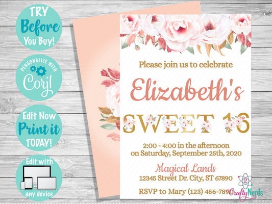Floral Sweet 16 Birthday Invitation Party, Flowers Sweet 16 Birthday | Editable Instant Download | Edit Online NOW Corjl | INSTANT ACCESS T1
