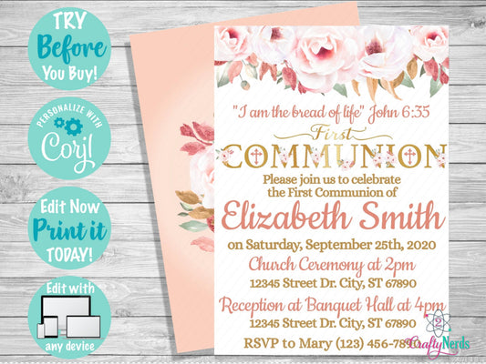 Floral First Communion Invitation Party, Flower Communion Invitation | Editable Instant Download | Edit Online NOW Corjl | INSTANT ACCESS T1