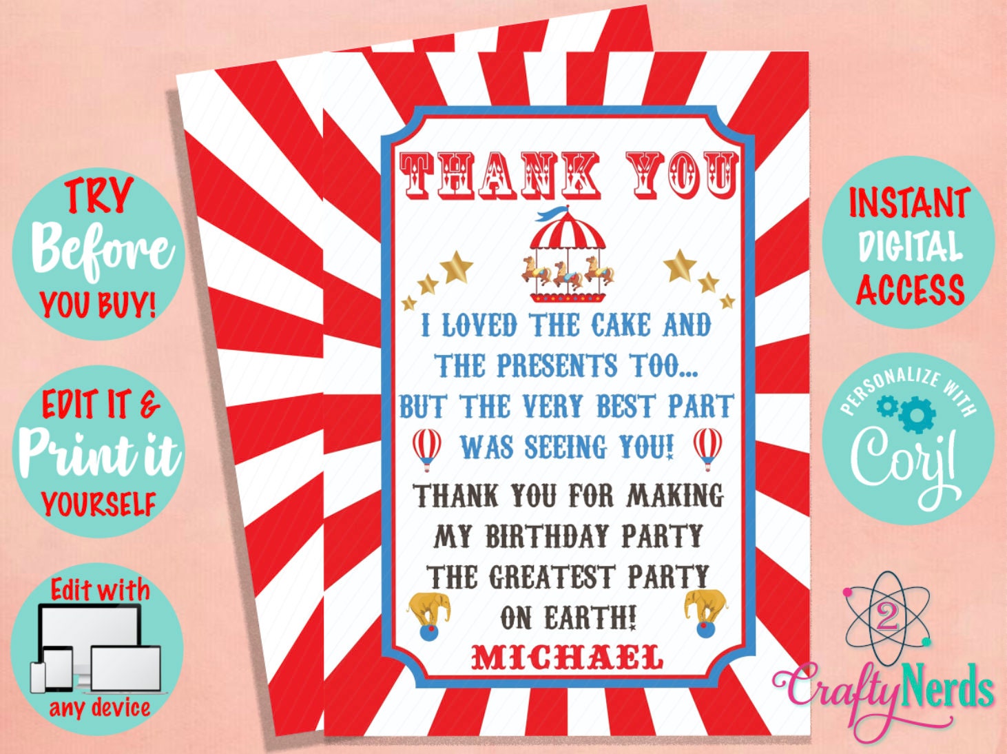 Circus Carnival Ticket Birthday Party Pack, Circus Birthday invitation | Editable Instant Download | Edit Online NOW Corjl | INSTANT ACCESS