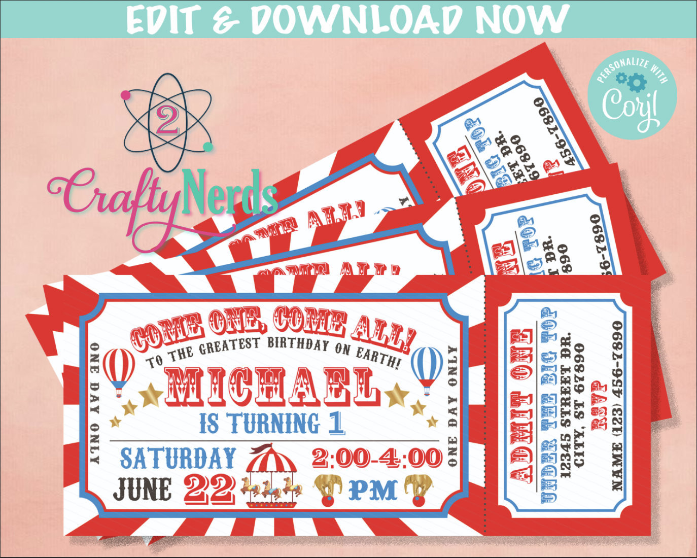 Carnival Ticket Birthday Invitation, Circus Party, Circus invitation | Editable Instant Download | Edit Online NOW Corjl | INSTANT ACCESS