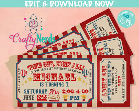 Carnival Ticket Birthday Invitation, Circus Party, Circus invitation | Editable Instant Download | Edit Online NOW Corjl | INSTANT ACCESS zs